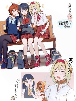 3girls absurdres akari_(pokemon) arceus arezu_(pokemon) bench black_hair blonde_hair blue_boots blue_eyes blue_sweater blush boots brown_hair brown_shoes bubble_tea collared_shirt commentary_request contemporary cowlick cup drinking drinking_glass electric_fan eyelashes full_body gen_4_pokemon gen_5_pokemon glaceon grey_eyes hair_ornament hairband hairclip hamachamu hand_up handheld_electric_fan handheld_game_console highres holding holding_cup holding_handheld_game_console hot irida_(pokemon) legendary_pokemon long_hair multiple_girls mythical_pokemon nintendo nintendo_switch notice_lines open_mouth pantyhose petilil pokemon pokemon_legends:_arceus red_hairband red_shoes ribbed_socks rotom rotom_(fan) school_uniform scrunchie shirt shoes short_hair short_sleeves sidelocks sitting skirt sneakers socks sweat sweater sweater_vest translation_request white_shirt wrist_scrunchie