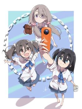 3girls absurdres amamiya_satsuki_(mono) barefoot black_hair blue_eyes blue_ribbon blurry blush camera collared_shirt commentary_request eyes_visible_through_hair from_above grey_hair hair_between_eyes hair_ornament hair_over_one_eye hair_scrunchie highres holding holding_camera holding_shoes holding_unworn_clothes jumping kiriyama_an low_twintails mono_(afro) multiple_girls neck_ribbon one_side_up pleated_skirt purple_eyes red_eyes ribbon school_uniform scrunchie shadow shikishima_sakurako shirt shoes short_sleeves skirt smile standing swept_bangs text_background thick_eyebrows twintails unworn_shoes v white_shirt yas_(yosiyasuyasu)