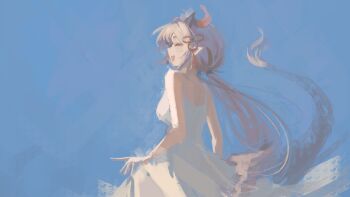 Rule 34 | 1girl, absurdres, blue sky, character request, clear sky, closed eyes, copyright request, cowboy shot, dress, facing to the side, grin, hair ribbon, highres, long hair, low ponytail, naokomama, no lineart, outdoors, painterly, pointy ears, ponytail, ribbon, sidelighting, sidelocks, sky, smile, solo, spaghetti strap, very long hair, white dress, white hair, wind, wind lift