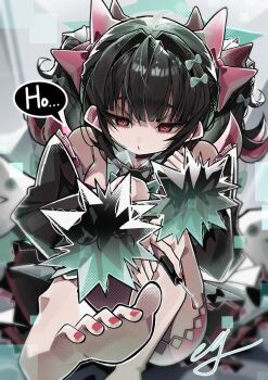 Rule 34 | 1girl, absurdres, angels of delusion, applying pedicure, bare shoulders, black hair, blunt bangs, bow, clothing cutout, colored inner hair, dress, feet, fur-trimmed sleeves, fur trim, green bow, green halo, hair bow, halo, highres, marttkim00, multicolored hair, nail polish, nangong yu, navel, navel cutout, necktie, open mouth, painting toenails, red eyes, red necktie, short twintails, solo, speech bubble, toenail polish, toenails, toes, twintails, white dress, zenless zone zero