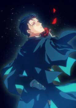 1boy absurdres blue_hair coat falling_petals fate/grand_order fate_(series) flower gloves green_eyes highres holding holding_flower kirirei long_sleeves looking_back male_focus night night_sky outdoors petals sherlock_holmes_(fate) short_hair sky solo star_(sky) upper_body