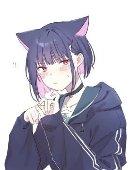 Rule 34 | 1girl, :|, ?, animal ears, black choker, black hair, black hoodie, blue archive, blunt bangs, blunt ends, blush, bob cut, cat ears, cat girl, choker, closed mouth, clueless, collarbone, colored inner animal ears, colored inner hair, commentary request, extra ears, frown, green sailor collar, hair ornament, hairclip, hand up, hands up, highres, hood, hood down, hoodie, kazusa (blue archive), kisaka, looking at viewer, multicolored hair, pink hair, red eyes, sailor collar, school uniform, serafuku, sexually suggestive, short hair, simple background, sketch, sleeves past wrists, solo, sweatdrop, trinity general school logo, two-tone hair, upper body, v-shaped eyebrows, white background