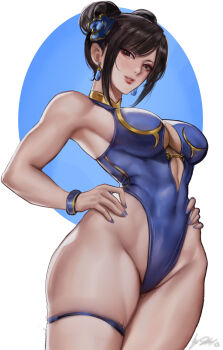 1girl absurdres alternate_costume artist_request back_cutout bare_shoulders brown_hair cameltoe capcom chun-li clothing_cutout curvy double_bun earrings hair_bun hands_on_own_hips highleg highleg_one-piece_swimsuit highres jewelry legs_together looking_at_viewer official_alternate_costume one-piece_swimsuit sherylnome simple_background smile solo street_fighter street_fighter_6 sweat swimsuit thong_one-piece_swimsuit