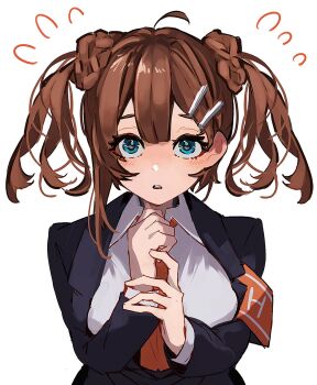 Rule 34 | 1girl, :o, ahoge, alternate hairstyle, armband, black jacket, blue eyes, braid, breasts, brown hair, collared shirt, hair ornament, hairclip, highres, hod (project moon), jacket, large breasts, lobotomy corporation, long hair, long sleeves, looking at viewer, nakame77, necktie, open mouth, orange armband, orange necktie, project moon, shirt, simple background, solo, twintails, upper body, white background, white shirt