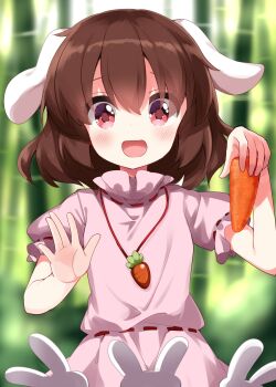 1girl :d animal_ears bamboo bamboo_forest blush brown_hair carrot carrot_necklace commentary_request dress floppy_ears food forest highres holding holding_food holding_vegetable inaba_mob_(touhou) inaba_tewi jewelry nature necklace open_mouth outdoors pink_dress puffy_short_sleeves puffy_sleeves rabbit_ears rabbit_girl red_eyes ribbon-trimmed_dress ribbon_trim ruu_(tksymkw) short_hair short_sleeves smile solo touhou upper_body vegetable
