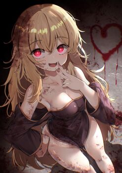 1girl :d absurdres bare_hips black_dress blonde_hair blood blood_drawing blood_in_hair blood_on_clothes blood_on_face blood_on_leg breasts cleavage commentary_request commission dfra dress evil_smile fang feet_out_of_frame fingernails groin hair_between_eyes hand_on_own_hip hand_up heart highres long_fingernails long_hair long_sleeves looking_at_viewer medium_breasts off-shoulder_dress off_shoulder open_mouth original pelvic_curtain pixiv_commission red_eyes red_nails sharp_fingernails skin_fang smile solo standing very_long_hair