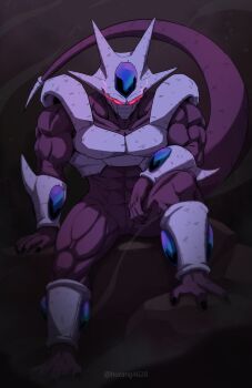 1boy absurdres armor colored_skin commentary_request cooler_(dragon_ball) dark_background dragon_ball dragonball_z full_body glowing glowing_eyes highres horang4628 korean_commentary male_focus muscular muscular_male purple_skin red_eyes sitting solo white_armor