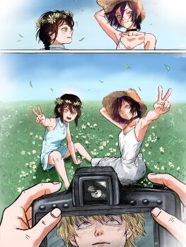 1boy 2girls black_choker black_hair blonde_hair blue_dress blue_sky camera chainsaw_man choker day denji_(chainsaw_man) dress flower flower_wreath grass green_eyes grenade_pin hair_between_eyes hair_bun hat head_wreath highres holding holding_camera kkyong155426 long_hair multiple_girls nayuta_(chainsaw_man) on_ground outdoors outstretched_arms purple_hair res2_02 reze_(chainsaw_man) ringed_eyes shirt short_hair sky sleeveless sleeveless_dress straw_hat v white_dress white_flower white_shirt yellow_eyes