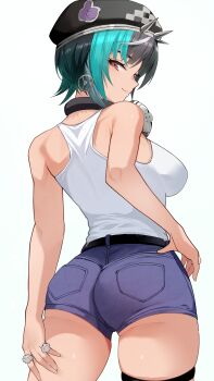 1girl absurdres aqua_hair ass beret black_hair black_hat blue_shorts breasts closed_mouth commentary_request cowboy_shot from_behind gradient_hair green_hair grey_background hat highres hololive hololive_dev_is jewelry large_breasts looking_back multicolored_hair multiple_rings red_eyes rindo_chihaya ring short_hair short_shorts shorts simple_background smile solo spikes streaked_hair tank_top thighs tomo0843 virtual_youtuber white_tank_top