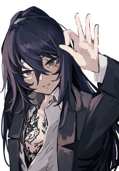 Rule 34 | 1boy, black eyes, black hair, black jacket, blue eyes, cloud tattoo, collared shirt, heterochromia, high ponytail, highres, hong lu (project moon), irezumi, jacket, kurokumo clan (identity) (project moon), limbus company, long hair, long sleeves, looking at viewer, male focus, nakame77, ok sign, ponytail, project moon, scar, scar across eye, scar on face, shirt, simple background, solo, tattoo, upper body, white background, white shirt