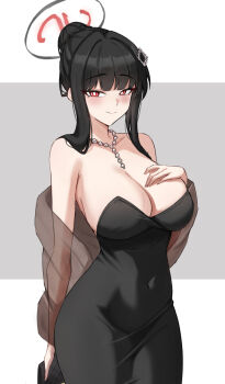 1girl bare_shoulders black_dress black_hair blue_archive blush breast_suppress breasts bright_pupils cleavage closed_mouth commentary covered_navel cowboy_shot dress english_commentary fangs_(fangs_art) hair_ornament halo highres holding jewelry large_breasts long_hair looking_at_viewer necklace pearl_necklace red_eyes rio_(blue_archive) smile solo standing strapless strapless_dress white_pupils
