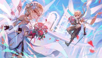 1boy 1girl absurdres aether_(genshin_impact) ahoge arm_armor armor baggy_pants bare_shoulders black_gloves blonde_hair blue_sky boots bouquet braid breasts brother_and_sister brown_boots brown_eyes brown_pants brown_shirt cleavage closed_mouth commentary day detached_sleeves dress english_commentary feather_hair_ornament feathers fingerless_gloves flower flying genshin_impact gloves gold_trim hair_between_eyes hair_flower hair_ornament hand_up hands_up highres holding holding_bouquet holding_sword holding_weapon long_hair long_sleeves looking_at_viewer lumine_(genshin_impact) mechanical_wings medium_breasts oastlv orange_flower outdoors pants petals pink_flower purple_flower red_eyes scarf shirt short_hair short_sleeves shoulder_armor siblings sidelocks skirt_hold sky smile standing star_(symbol) sword twitter_username weapon white_dress white_flower white_scarf wings