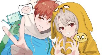 1boy absurdres adventure_time animal_costume animal_hood artist_request bear_hat bmo cosplay dog_costume dog_hood emiya_shirou fate/stay_night fate_(series) finn_the_human finn_the_human_(cosplay) game_console highres hood illyasviel_von_einzbern jake_the_dog jake_the_dog_(cosplay) loli orange_hair red_eyes ringlets shokobr source_request white_hair