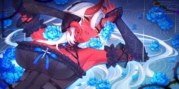 1girl absurdres akumi_(yoclesh) armpits black_dress black_nails black_sleeves blue_flower blue_rose breasts brooch colored_skin detached_sleeves dress eclaerisu facial_scar flower highres horns indie_virtual_youtuber jewelry long_hair lying on_back oni red_skin ring ripples rose scar scar_on_arm scar_on_cheek scar_on_chest scar_on_face signature solo twitter_username virtual_youtuber water white_hair yellow_eyes