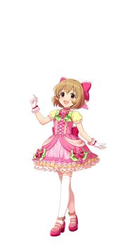 1girl bow brown_eyes brown_hair dress full_body gloves hair_bow heart high_heels idol_clothes idolmaster idolmaster_cinderella_girls idolmaster_cinderella_girls_starlight_stage koga_koharu official_art open_mouth puffy_short_sleeves puffy_sleeves short_sleeves solo thighhighs transparent_background white_thighhighs