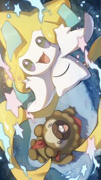 bandana bandana_around_neck bidoof buck_teeth colored_skin commentary floating gen_3_pokemon gen_4_pokemon highres jirachi legendary_pokemon mythical_pokemon nintendo no_humans nullma open_mouth outdoors pokemon pokemon_(creature) pokemon_focus red_bandana smile star_(symbol) symbol-only_commentary tanzaku teeth white_skin