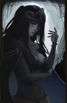 1girl absurdres ant_jams arm_across_waist bags_under_eyes black_hair blunt_bangs bodystocking bracelet breasts bridal_gauntlets cape circlet cleavage covered_navel fire_emblem fire_emblem_awakening frown glaring highres jewelry long_hair looking_at_viewer medium_breasts nintendo solo tharja_(fire_emblem) tiara upper_body