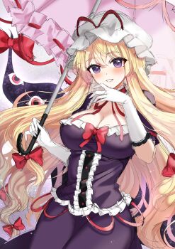 Rule 34 | 1girl, blonde hair, blush, breasts, choker, cleavage, cleavage cutout, clothing cutout, commentary, dnrnak, dress, frills, gap (touhou), gloves, hair between eyes, hair ribbon, hand up, hat, highres, holding, holding umbrella, large breasts, long hair, looking at viewer, mob cap, parted lips, pink umbrella, purple dress, purple eyes, red eyes, ribbon, ribbon choker, smile, solo, touhou, umbrella, very long hair, white gloves, yakumo yukari