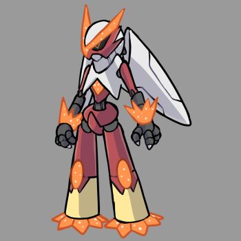 absurdres adoptable black_sclera blaziken colored_sclera commentary english_commentary fakemon full_body gen_3_pokemon grey_background highres nintendo no_humans orange_eyes original pixel_eyes pokemon pokemon_(creature) rgreywind robot simple_background solo standing v-shaped_eyes