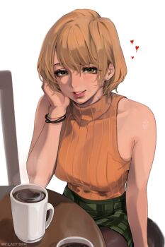 ashley_graham brown_eyes brown_hair coffee coffee_mug cup green_skirt highres lady_shin looking_at_viewer mug orange_sweater pantyhose resident_evil resident_evil_4 short_hair simple_background sitting skirt sleeveless sleeveless_turtleneck smile solo sweater turtleneck