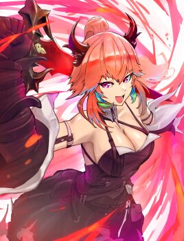 1girl absurdres arknights arknights:_endfield bare_shoulders breasts cleavage commentary cosplay earrings english_commentary feather_earrings feathers hair_between_eyes highres hololive hololive_english horns jewelry laevatain_(arknights) laevatain_(arknights)_(cosplay) large_breasts looking_at_viewer open_mouth orange_hair purple_eyes smile solo surtr_(arknights) takanashi_kiara virtual_youtuber yodogama