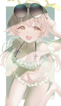 Rule 34 | 1girl, absurdres, azuma (sospower73), bare shoulders, bikini, blue archive, blush, brown hair, commentary request, eyewear on head, frilled bikini, frills, halo, hifumi (blue archive), hifumi (swimsuit) (blue archive), highres, long hair, looking at viewer, low twintails, navel, off-shoulder bikini, off shoulder, official alternate costume, open mouth, revision, ribbon-trimmed bikini, ribbon-trimmed swimsuit, ribbon trim, round eyewear, sitting, smile, solo, sunglasses, swimsuit, twintails, wariza, white bikini, winged halo, yellow eyes, yellow halo