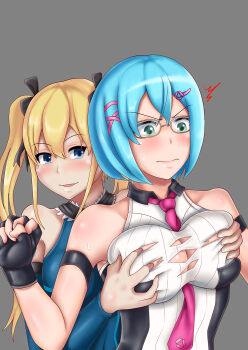 2girls aqua_eyes arm_warmers artist_request bare_shoulders between_breasts blonde_hair blue_eyes blue_hair blush breasts dead_or_alive dead_or_alive_6 deep_skin embarrassed fingerless_gloves glasses gloves grabbing_another&#039;s_breast groping hair_ornament hair_ribbon hairclip highres large_breasts leotard long_hair marie_rose multiple_girls naughty_face necktie necktie_between_breasts nico_(doa) open_mouth ribbon shiny_clothes shiny_skin short_hair smile surprised sweat torn_clothes twintails wavy_mouth yuri