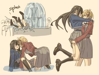 2girls 3others anjuro_zeeku black_hair black_socks blonde_hair blue_dress blush brown_shoes chisato_carrying_takina_(lycoris_recoil) commentary dress english_commentary fountain grin hair_ribbon highres inoue_takina long_hair lycoris_recoil lycoris_uniform multiple_girls multiple_others nishikigi_chisato purple_eyes red_dress red_eyes red_ribbon ribbon shoes short_hair simple_background smile socks splashing wet wet_clothes yellow_background yuri