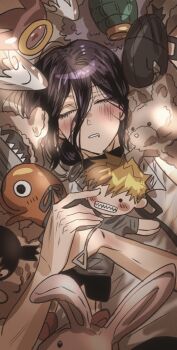 1girl angel_devil_(chainsaw_man) black_choker black_hair blonde_hair blush bomb_devil_(chainsaw_man) busuttt chainsaw_man character_doll choker closed_eyes denji_(chainsaw_man) doll drooling grenade_pin hair_between_eyes hair_bun highres medium_hair mouth_drool neck_ribbon parted_lips pochita_(chainsaw_man) reze_(chainsaw_man) ribbon shirt stuffed_animal stuffed_rabbit stuffed_toy teddy_bear updo upper_body white_shirt