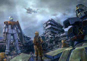 Rule 34 | after battle, army, artist request, assault rifle, beam rifle, blue visor, boots, bulletproof vest, cloud, cloudy sky, combat helmet, damaged, earth federation, energy gun, fleet, gm (mobile suit), green visor, gun, gundam, gundam perfect file, gundam unicorn, helmet, highres, light rays, magazine scan, mecha, medea (gundam), military uniform, mobile suit, nemo (mobile suit), official art, open hatch, painting (medium), promotional art, realistic, rifle, robot, ruins, scan, scene reference, science fiction, shield, sign, sky, soldier, sunbeam, sunlight, traditional media, war, warning sign, weapon, wreckage