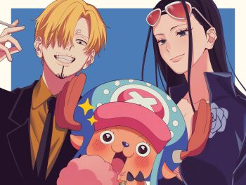 Rule 34 | 1girl, 2025, 2boys, antlers, black hair, blue background, blue eyes, blue hood, blue nose, cigarette, commentary, cotton candy, cross, curly eyebrows, eyelashes, eyewear on head, facial hair, food, goatee, hair over one eye, hat, high collar, highres, holding, holding cigarette, holding cotton candy, holding food, hood, horns, long hair, multiple boys, mustache, nico robin, nico robin (return to sabaody), ntuki oo3, official alternate costume, one piece, pink hat, reindeer antlers, sanji (one piece), sidelocks, smile, sparkle, tony tony chopper