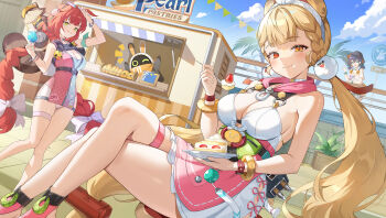 3girls against_railing alice_thymefield alice_thymefield_(sea_of_thyme) animal_ears armband bangboo_(zenless_zone_zero) bare_shoulders belle_(summer_skies)_(zenless_zone_zero) belle_(zenless_zone_zero) belt bikini bikini_bottom_under_shorts bikini_top_under_shirt bikini_under_clothes blonde_hair blue_hair blue_sky blush bracelet braid braided_twintails breasts bucket_hat cake cake_slice camera camera_around_neck cleavage closed_mouth cloud commentary_request crossed_legs cup dress_swimsuit drink drinking_straw earrings eous_(zenless_zone_zero) eyewear_on_head facial_mark feet_out_of_frame fish_hat food food_on_face fork gradient-tinted_eyewear green_armband green_eyes hair_ornament hairband hat hearing_aid heart heart-shaped_eyewear heart_facial_mark heterochromia highres holding holding_cup holding_fork holding_plate indoors jewelry kamanosuke_(zenless_zone_zero) large_breasts long_hair looking_at_viewer low_twintails marinette multiple_girls notice_lines off-shoulder_shirt off_shoulder official_alternate_costume one-piece_swimsuit orange_bikini orange_shorts outdoors palm_tree parted_lips pastry pink_one-piece_swimsuit plate rabbit_ears rabbit_girl raccoon railing red_eyes red_hair see-through_clothes see-through_shirt shirt short_hair shorts sign sitting sky smile sphere_hair_ornament swimsuit tanuki thigh_strap tinted_eyewear tree twintails two-tone_one-piece_swimsuit ukinami_yuzuha ukinami_yuzuha_(tanuki_in_broad_daylight) watch waving white_hairband white_one-piece_swimsuit wristwatch yellow_eyes zenless_zone_zero