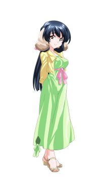 1girl animal_ears anime_coloring arms_behind_back black_hair breasts closed_mouth cropped_jacket dog_ears dress extra_ears floppy_ears full_body game_asset green_dress hair_ribbon half_updo highres hiiragi_mako jacket large_variant_set long_dress long_hair long_sleeves looking_at_viewer mahotama maki_daikichi medium_breasts official_art orange_eyes pink_sash ribbon sandals sash simple_background smile solo standing tachi-e tareme third-party_source transparent_background variant_set visual_novel_cg yellow_jacket