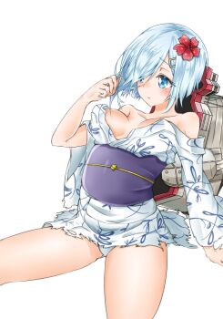 1girl bare_shoulders blue_eyes blue_hair blush breasts closed_mouth commentary_request cowboy_shot flower hair_flower hair_ornament hairclip hamakaze_(kancolle) hamakaze_(yukata)_(kancolle) japanese_clothes kantai_collection kimono len_(hand_linke) medium_breasts obi off_shoulder official_alternate_costume panties purple_sash red_flower sash short_hair simple_background solo torn_clothes torn_kimono underwear white_background white_kimono white_panties