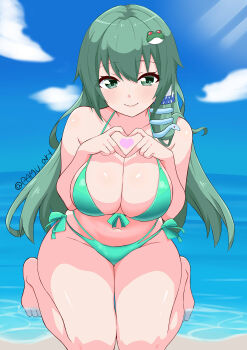 1girl absurdres bare_legs barefoot bikini breasts cleavage closed_mouth collarbone commentary_request day frog_hair_ornament green_bikini green_eyes green_hair hair_between_eyes hair_ornament halterneck heart heart_hands highres kneeling kochiya_sanae large_breasts long_hair navel ocean outdoors pamu_art side-tie_bikini_bottom sidelocks smile snake_hair_ornament solo string_bikini swimsuit thighs toes touhou