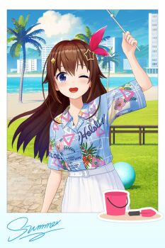 1girl 3d ;d bad_source beach belt blue_eyes blue_shirt blue_sky blush brown_hair bucket building buttons clothes_writing cloud cloudy_sky collared_shirt copyright_name day diamond_hair_ornament flag flipped_hair floating_hair grasslands hair_ornament hawaiian_shirt highres holding holding_flag hololive hololive_super_expo_2024_outfit long_hair mountainous_horizon official_alternate_costume official_art one_eye_closed open_mouth outdoors palm_tree polaroid_photo shirt short_sleeves shorts sky smile solo star_(symbol) star_hair_ornament straight_hair summer teeth tokino_sora tree upper_body upper_teeth_only virtual_youtuber white_belt white_shorts