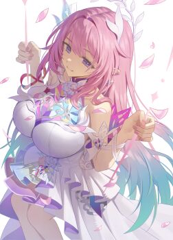 1girl absurdres alternate_breast_size_(larger) armlet bare_shoulders blue_hair breasts closed_mouth commentary cyrene_(honkai:_star_rail) cyrene_(ripples_of_past_reverie)_(honkai:_star_rail) dalmo_(pafe2444) dress fingernails gradient_hair hair_intakes highres honkai:_star_rail honkai_(series) huge_breasts jewelry long_hair looking_at_viewer multicolored_hair nail_polish on_swing pink_hair pink_nails pink_petals pointy_ears purple_eyes sidelocks smile solo swing symbol-only_commentary very_long_hair white_dress