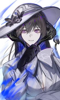 1girl absurdres black_gloves black_hair blue_fire breasts center_opening chinese_commentary cleavage closed_mouth constance_(honkai:_star_rail) demon_girl demon_horns demon_tail dress fire flower frilled_sleeves frills gloves gradient_hair grey_dress grey_hat grey_scarf hair_between_eyes hand_on_own_chin hat hat_flower highres honkai:_star_rail honkai_(series) horns huge_breasts light_smile long_sleeves looking_to_the_side mole mole_under_eye multicolored_eyes multicolored_hair purple_eyes red_pupils scarf solo standing sun_hat tail two-tone_hair upper_body white_background zhongyuanbunianzhong