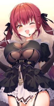 1girl absurdres black_gloves black_ribbon black_shirt black_skirt breasts cleavage_cutout clothing_cutout commentary_request earrings elbow_gloves frilled_skirt frills garter_straps gloves hair_ribbon heart_cutout high-waist_skirt highres hololive houshou_marine houshou_marine_(ahoy!!_you&#039;re_all_pirates) jewelry large_breasts layered_skirt light_blush long_hair microphone miniskirt necklace neru5 official_alternate_costume official_alternate_hairstyle one_eye_closed open_mouth overskirt puffy_short_sleeves puffy_sleeves red_hair ribbon shirt short_sleeves skirt solo teeth twintails upper_teeth_only virtual_youtuber white_ribbon white_skirt yellow_eyes