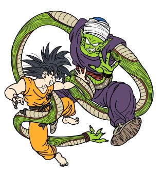 Rule 34 | 2boys, antenna hair, black sash, colored skin, dragon ball, dragon ball (classic), fenyon, full body, goku day, green skin, highres, long arms, male focus, multiple boys, orange pants, orange shirt, pants, piccolo, piccolo day, pointy ears, purple pants, purple shirt, red sash, sash, shirt, simple background, son goku, white background