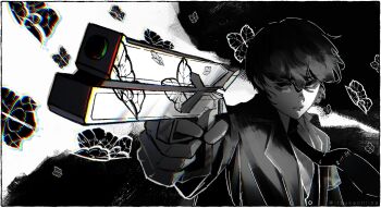 1boy aiming armband bags_under_eyes black_eyes black_hair black_necktie black_suit bug butterfly chromatic_aberration commentary e.g.o_(project_moon) floating_clothes formal_clothes gloves gun highres holding holding_gun holding_weapon insect itsukaonline lapels limbus_company looking_at_another male_focus necktie notched_lapels partially_shaded_face project_moon shirt short_hair solemn_lament_(e.g.o) solo suit twitter_username upper_body weapon white_gloves white_shirt yi_sang_(project_moon)