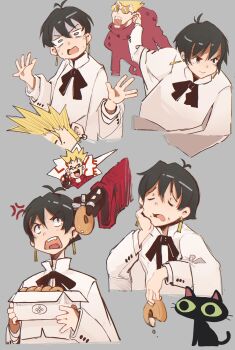 1boy 1girl absurdres anger_vein black_eyes black_hair blonde_hair cat coat colored_sclera donut dress earrings eccomicco food grabbing_another&#039;s_ear green_sclera grey_background hand_on_another&#039;s_ear highres jewelry medium_hair meryl_stryfe pastry_box red_coat simple_background spiked_hair trigun vash_the_stampede white_dress yellow-framed_eyewear