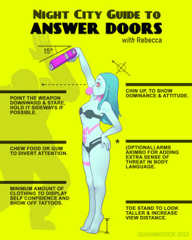 1girl absurdres aiming alt_text arm_up artist_name barefoot black_bra black_panties blowing_bubble_gum bra breasts chewing_gum colored_sclera colored_skin commentary cyberpunk_(series) cyberpunk:_edgerunners cyborg english_commentary english_text full_body gangsta_hold green_hair gun hand_on_own_hip handgun highres holding holding_gun holding_weapon leg_tattoo long_hair panties petite pointing_out_the_details quasimodox rebecca_(cyberpunk) red_eyes red_sclera revision small_breasts solo_focus standing stomach_tattoo strapless strapless_bra tattoo tiptoes underwear weapon white_skin yellow_background