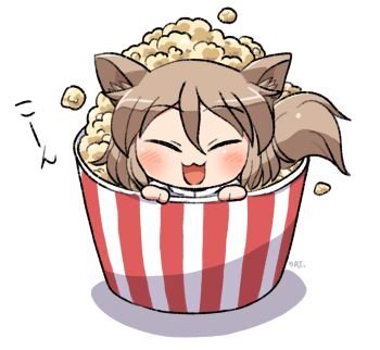 1girl :3 :d animal_ear_fluff animal_ears blush brown_hair bucket chibi closed_eyes commentary_request facing_viewer food fox_ears fox_girl fox_tail hair_between_eyes hands_up in_bucket in_container in_food kudamaki_tsukasa mini_person minigirl open_mouth popcorn rokugou_daisuke short_hair signature simple_background smile solo tail touhou white_background