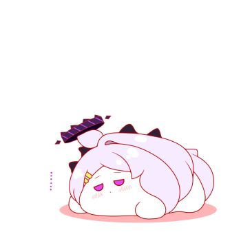 ... ahoge blue_archive blush chibi closed_mouth colored_shadow full_body grey_hair hair_ornament hairclip halo highres hina_(blue_archive) horns kurukurumagical parted_bangs purple_eyes shadow simple_background single_hair_intake solo white_background