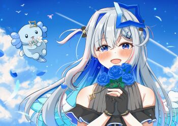 1girl absurdres akagawashake amane_kanata amane_kanata_(work) angel angel_wings black_dress black_gloves blue_flower blue_hair blue_sky blush cloud colored_inner_hair dress fingerless_gloves flower gloves grey_hair halo highres holding holding_flower hololive long_hair looking_at_viewer multicolored_hair official_alternate_costume official_alternate_hair_length official_alternate_hairstyle open_mouth pink_streaks purple_eyes sky smile solo star_halo streaked_hair two_side_up upao_(amane_kanata) very_long_hair virtual_youtuber wings