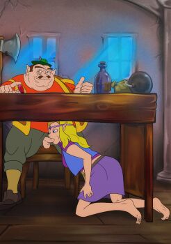 1boy 1girl bare_legs barefoot blonde_hair blue_eyes bomb desk elmrtev explosive fat fat_man feet fellatio floor hat hat_feather hetero highres morshu nintendo oral penis pointy_ears princess princess_zelda rupee_(zelda) shop the_legend_of_zelda the_legend_of_zelda_(cd-i) thumbs_up toes ugly_bastard under_table window