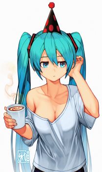 1girl aqua_hair breasts cleavage coffee hair_between_eyes hair_ornament hatsune_miku highres long_hair medium_breasts no_bra shirt skaggshood solo t-shirt twintails very_long_hair vocaloid