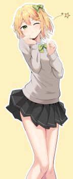 1girl absurdres black_skirt blonde_hair blush bow brown_background cac_itinose closed_mouth collared_shirt commentary_request feet_out_of_frame green_bow green_eyes grey_sweater hair_between_eyes hair_bow hair_ornament hairclip hands_up head_tilt highres long_sleeves one_eye_closed original outline pleated_skirt puffy_long_sleeves puffy_sleeves shirt simple_background skirt solo star_(symbol) sweater white_outline white_shirt