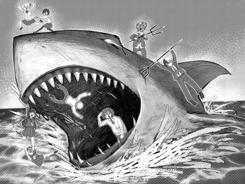 1other 3girls 4boys akiyama_mizuki androgynous anger_vein animal_on_face aoyagi_touya blazer clothes_grab commentary_request dangling falling giratamaai highres holding_another&#039;s_leg holding_polearm jacket jumping kamishiro_rui kamiyama_high_school_uniform_(project_sekai) kusanagi_nene megalodon multicolored_hair multiple_boys multiple_girls octopus open_mouth pants pleated_skirt polearm project_sekai school_uniform shark sharp_teeth shinonome_akito shinonome_ena shiraishi_an skirt smile splashing split-color_hair teeth tenma_tsukasa trident two-tone_hair weapon